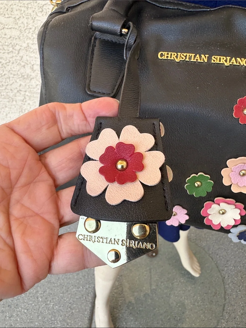 Christian Siriano Black Leather Satchel with Multicolor Floral Appliqués - Picture 2 of 11